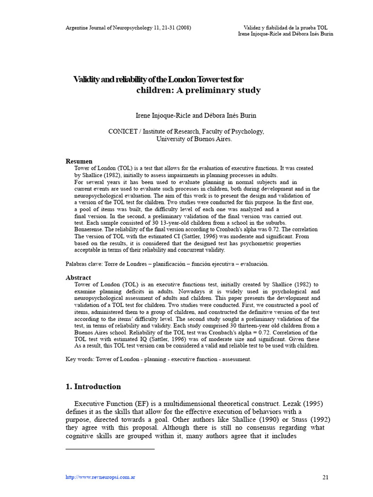 TOL Test Validation for Children | PDF | Validity (Statistics ...