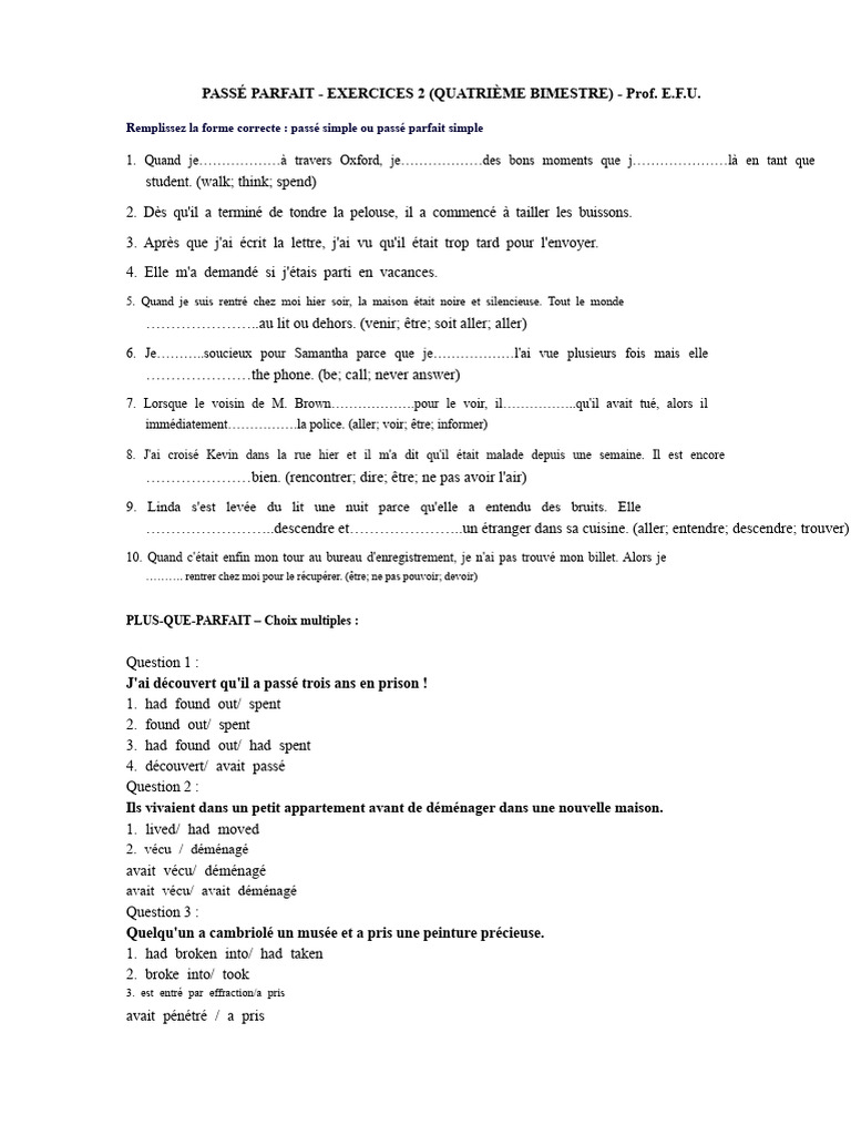 Exercices Passé Parfait et Plus-que-parfait | PDF