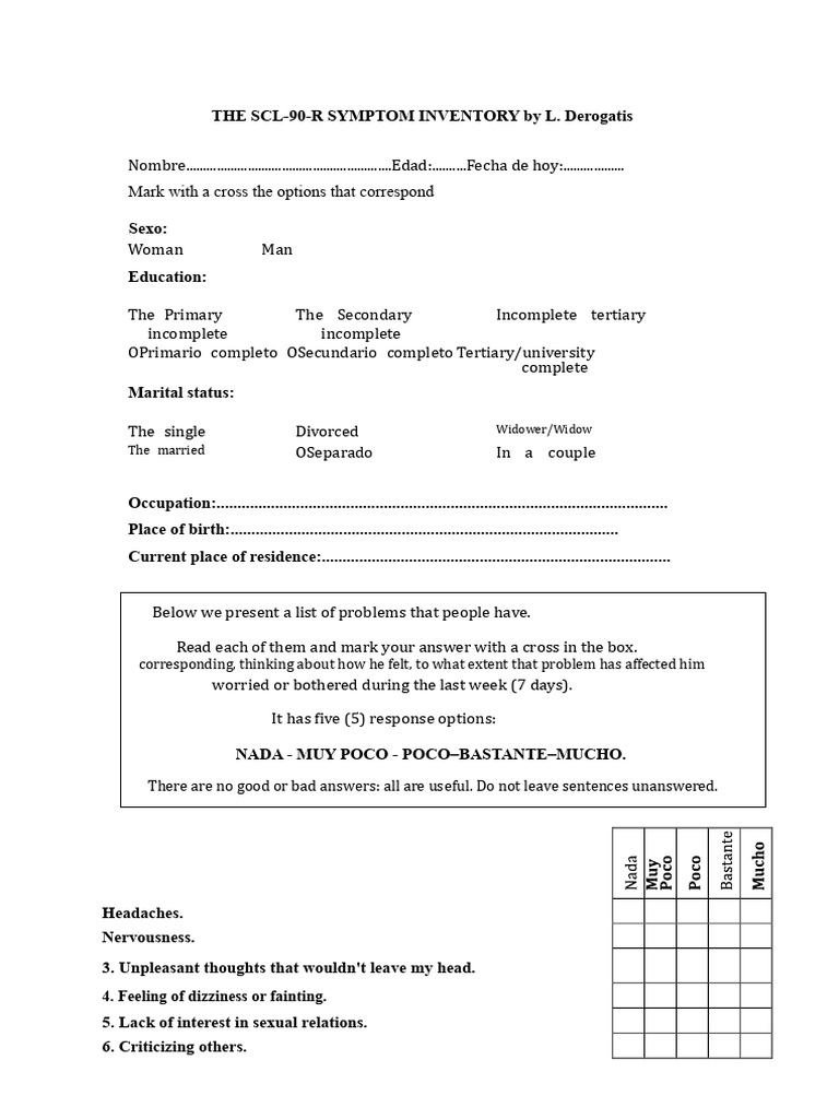 SCL-90-R Symptom Inventory Questionnaire | PDF | Psychology | Diseases ...