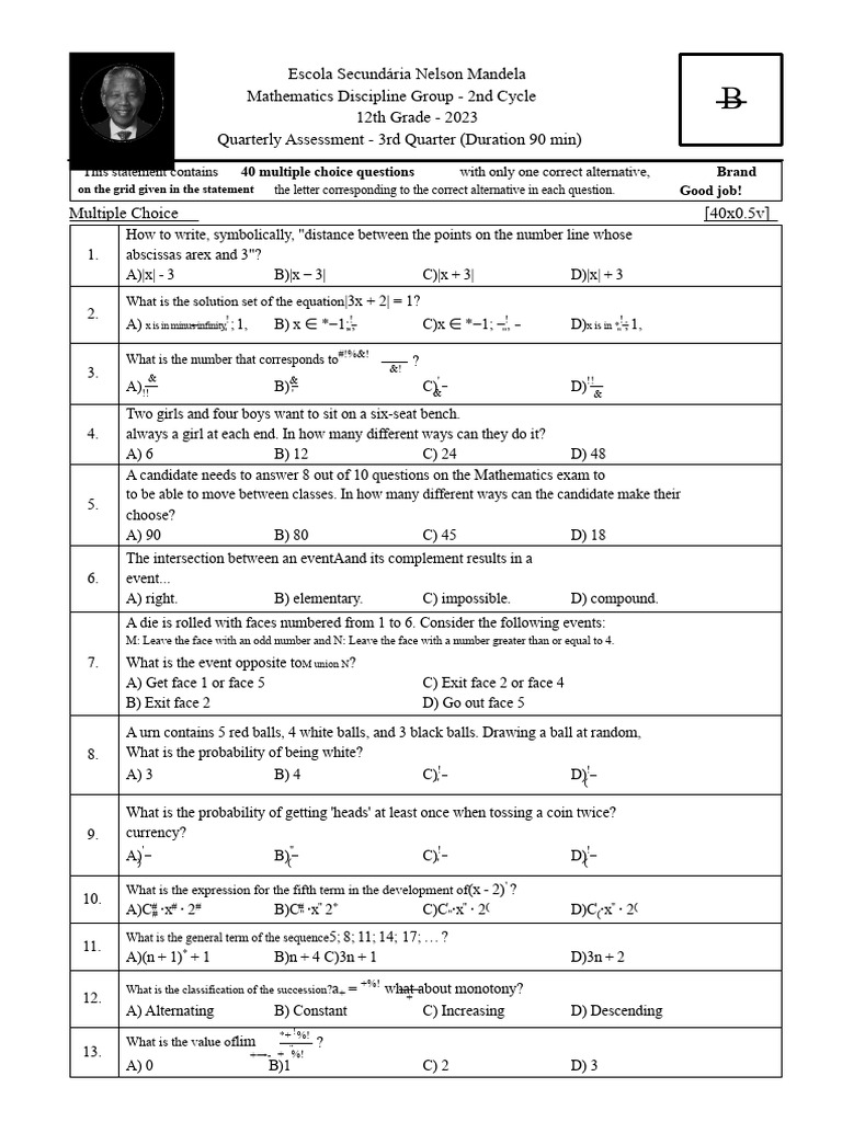 12th Grade Math Quarterly Assessment | PDF | Multiple Choice | Limit ...