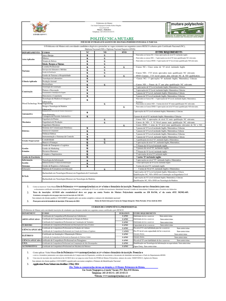 Anúncio de Agosto de 2024 Mutare Poly | PDF | Diploma de bacharel ...
