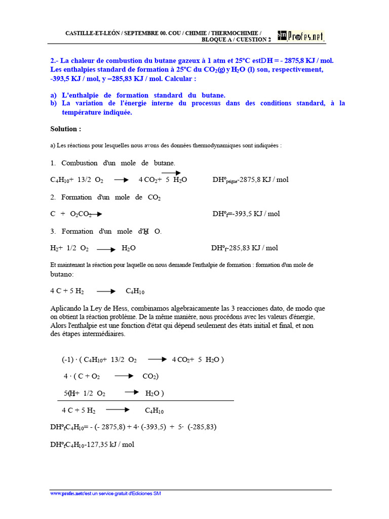 Enthalpie de formation du butane et énergie interne | PDF | Enthalpie ...