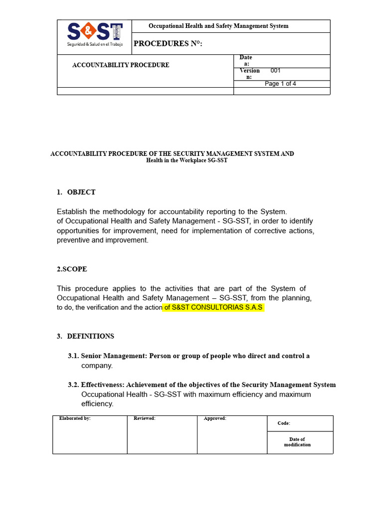 17. Accountability Procedure of the SG-SST | PDF | Occupational Safety ...
