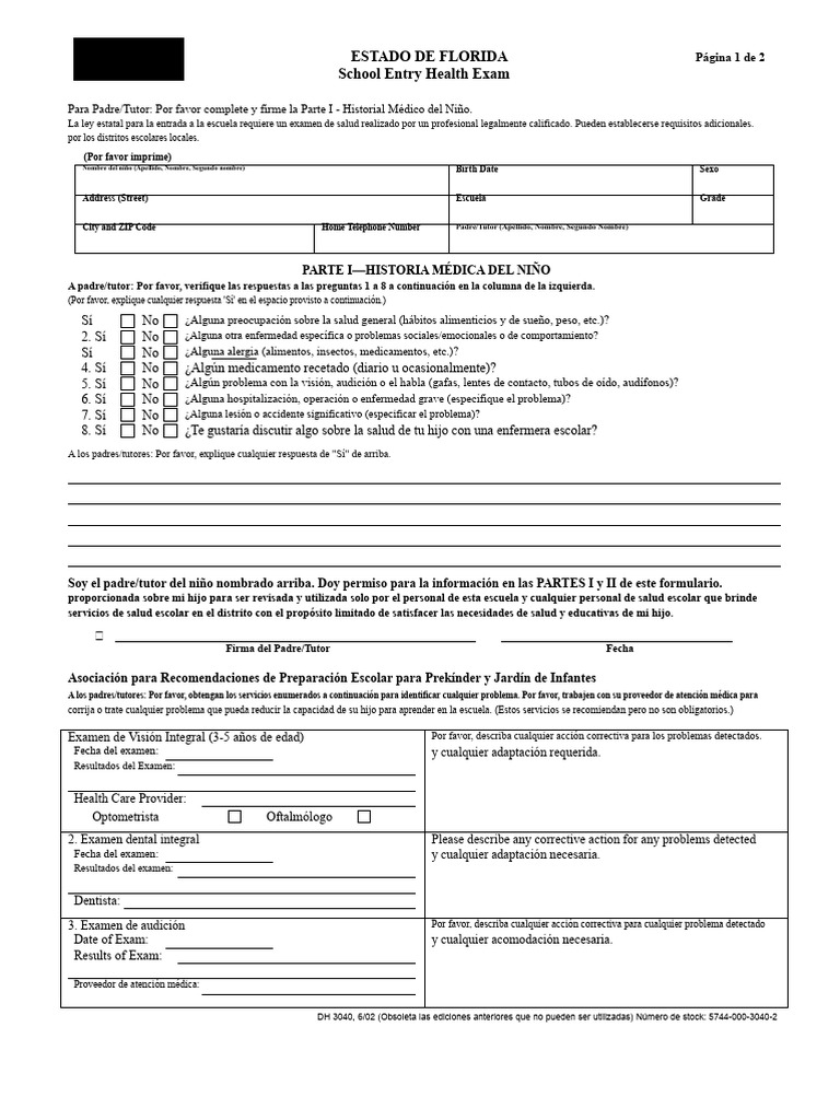 Examen de Salud para La Entrada A La Escuela en Florida | PDF ...