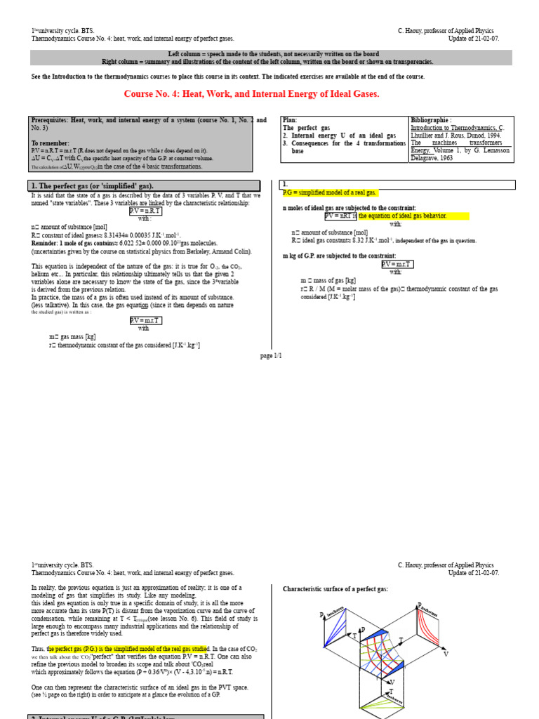 Thermodynamics: Heat, Work, and Internal Energy of Ideal Gases. | PDF ...