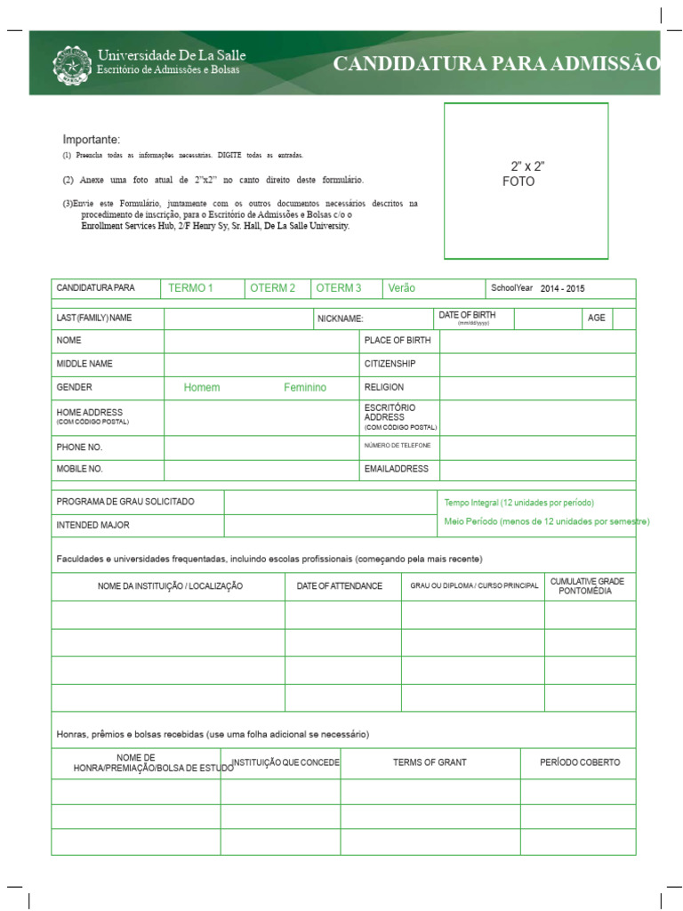 Formulário de Candidatura DLSU 2014-2015 | PDF | Pós-graduação