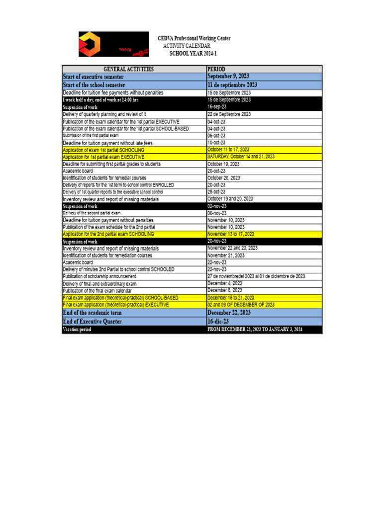 CEDVA 2024-1 Academic Activity Calendar | PDF | Academic Term ...