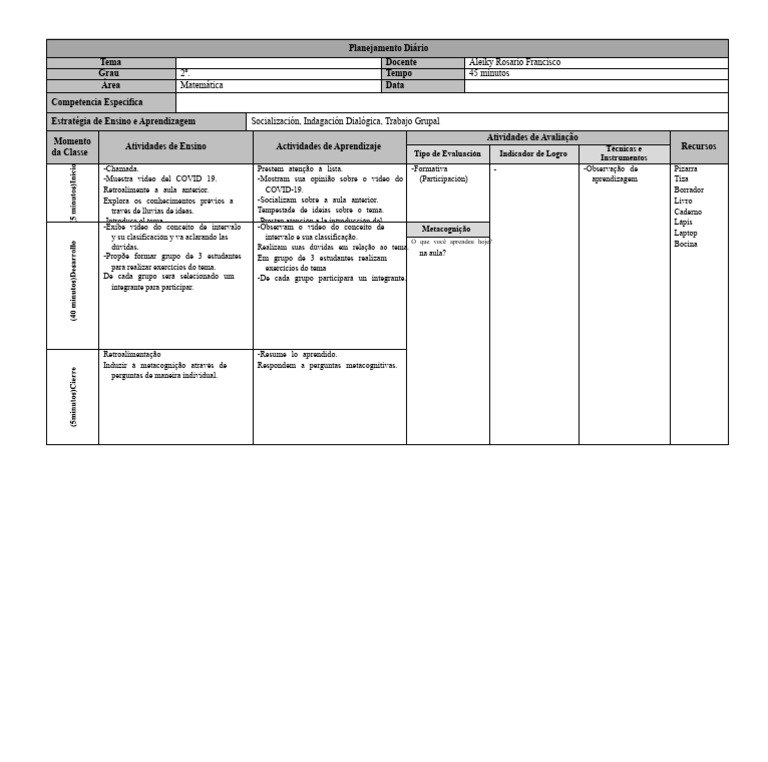 Esquema de Planejamento Diário | PDF | Lição | Metacognição