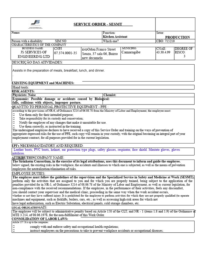 Os - Kitchen Assistant ... | PDF | Occupational Safety And Health ...