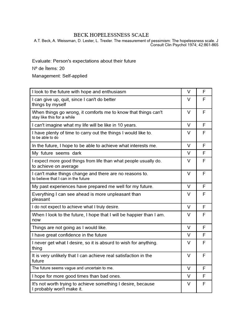 Beck Hopelessness Scale PDF Affect (Psychology) Cognitive Science