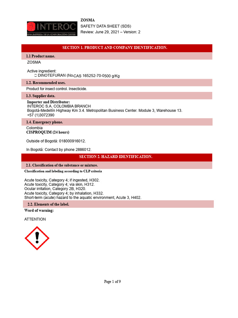 Safety Data Sheet - Zosma | PDF | Magnesium | Toxicity