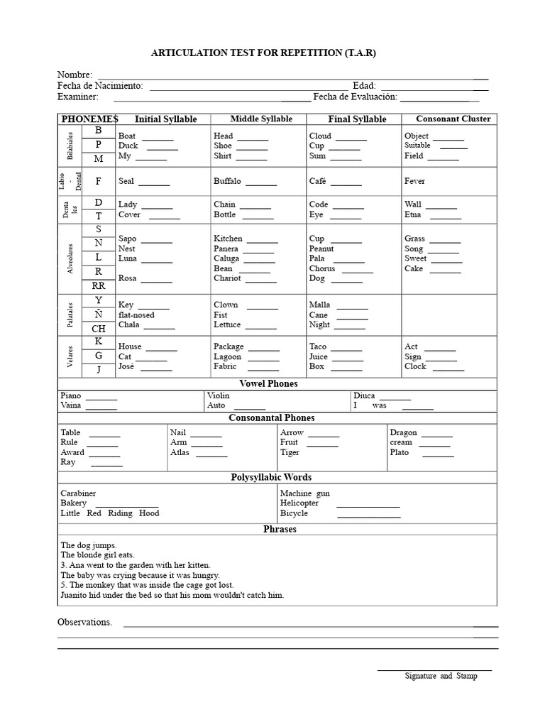 Articulation Repetition Test Template | PDF | Syllable | Consonant