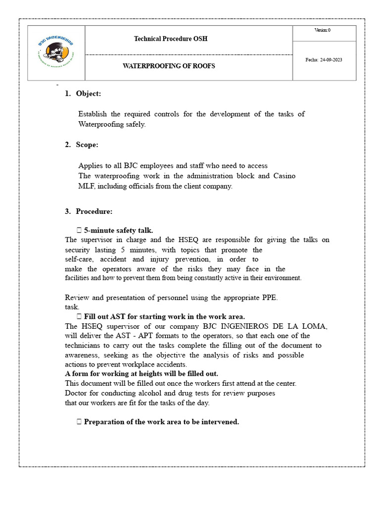Roof Waterproofing Safety Procedure | PDF | Personal Protective Equipment