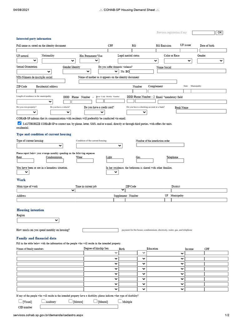 COHAB-SP Housing Demand Registration Form | PDF | Identity Document