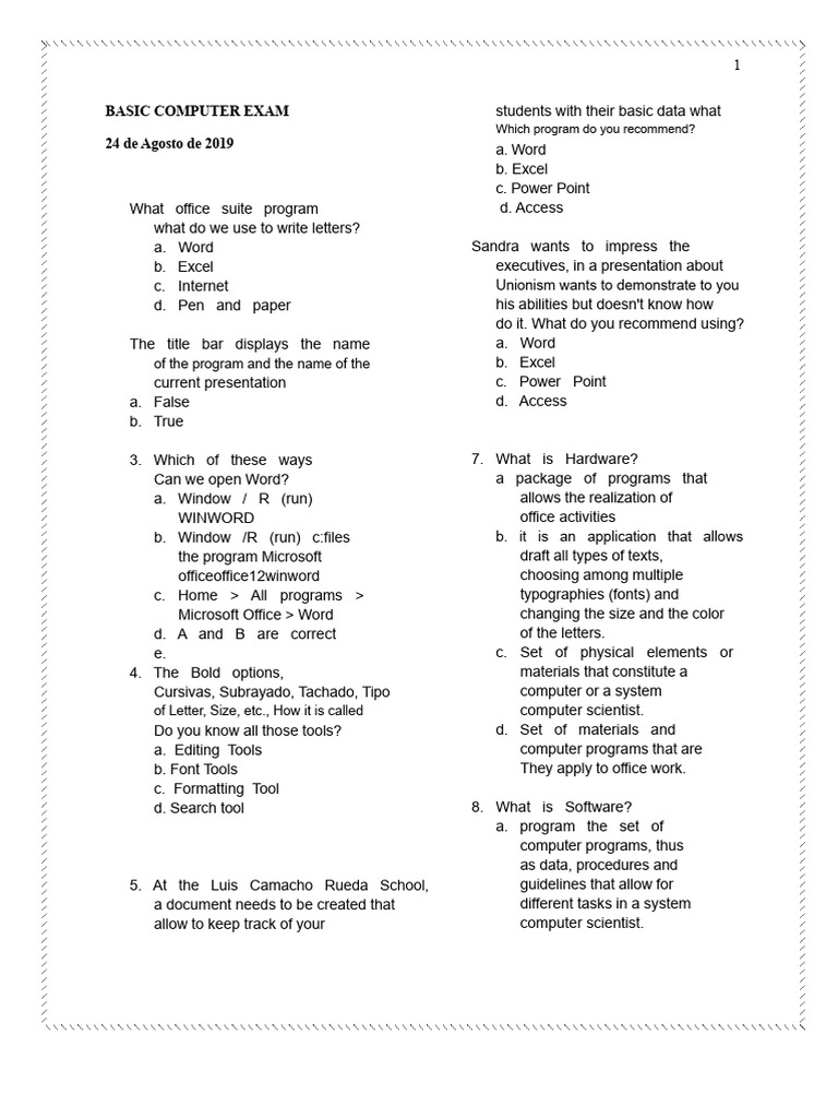 Basic Computer Skills Exam Guide | PDF | Microsoft Excel | Microsoft Word