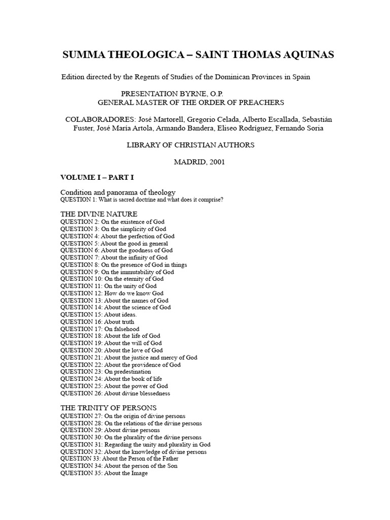 Index of The Summa Theologica St. Thomas PDF Eucharist Angel