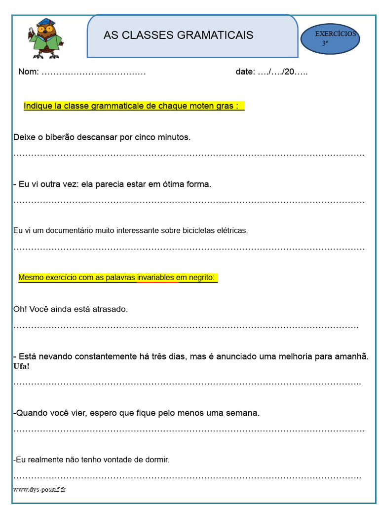 Exercícios sobre Classes Gramaticais | PDF | Pronome | Classe gramatical