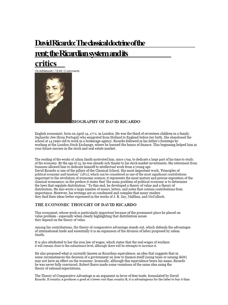 David Ricardo's Economic Theories Explained | PDF | Economics ...