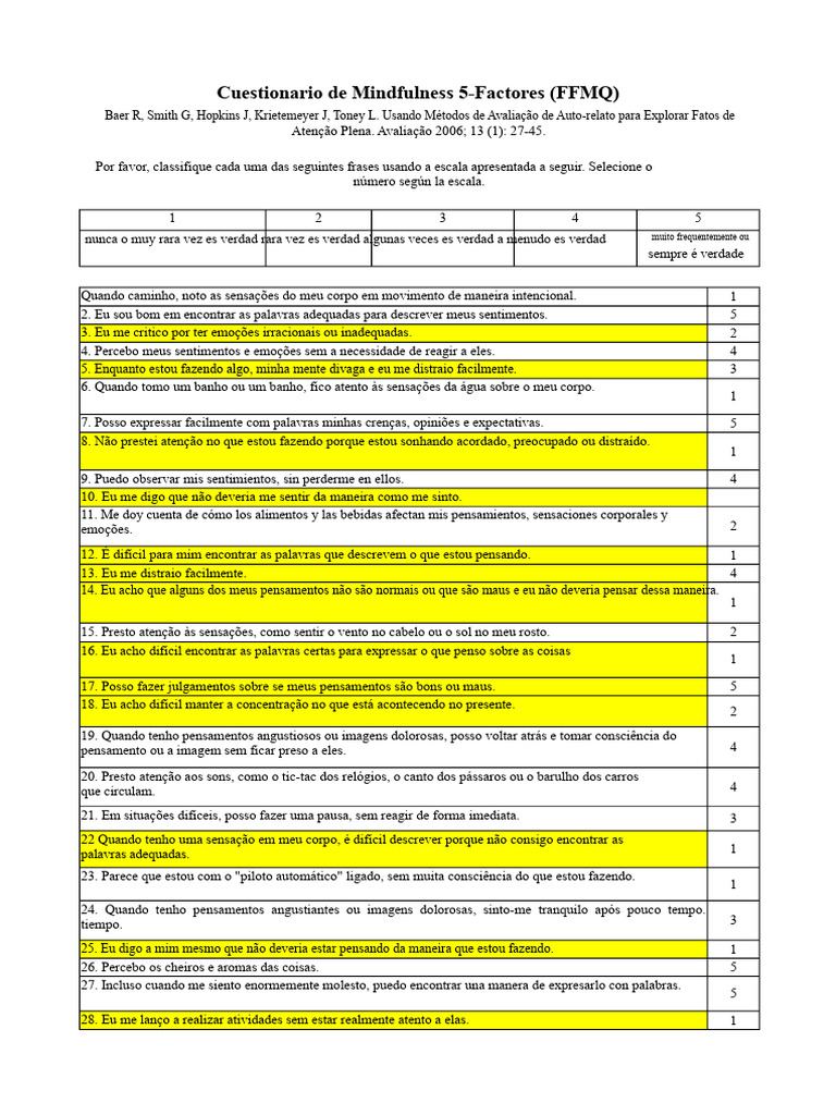 Questionário FFMQ de Mindfulness | PDF | Atenção plena | Pensamento