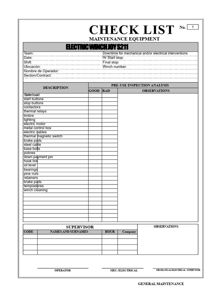 Maintenance Equipment Inspection Checklist | PDF | Brake | Bearing ...