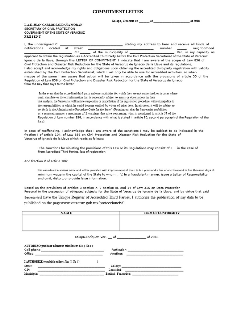 Commitment Letter for Civil Protection Registration | PDF | Justice ...