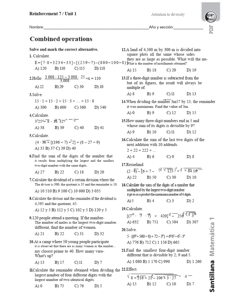 Combined Operations Math Exercises | PDF | Division (Mathematics) | Numbers