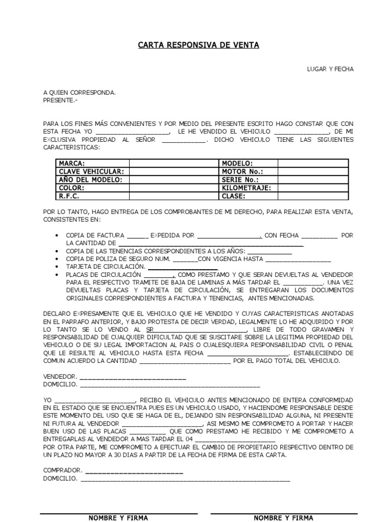 Carta de Responsabilidad Compra Venta de Auto