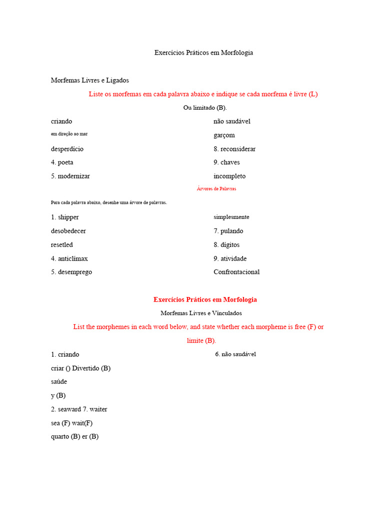 Exercícios de Morfologia e Linguística | PDF | Suaíli (idioma ...