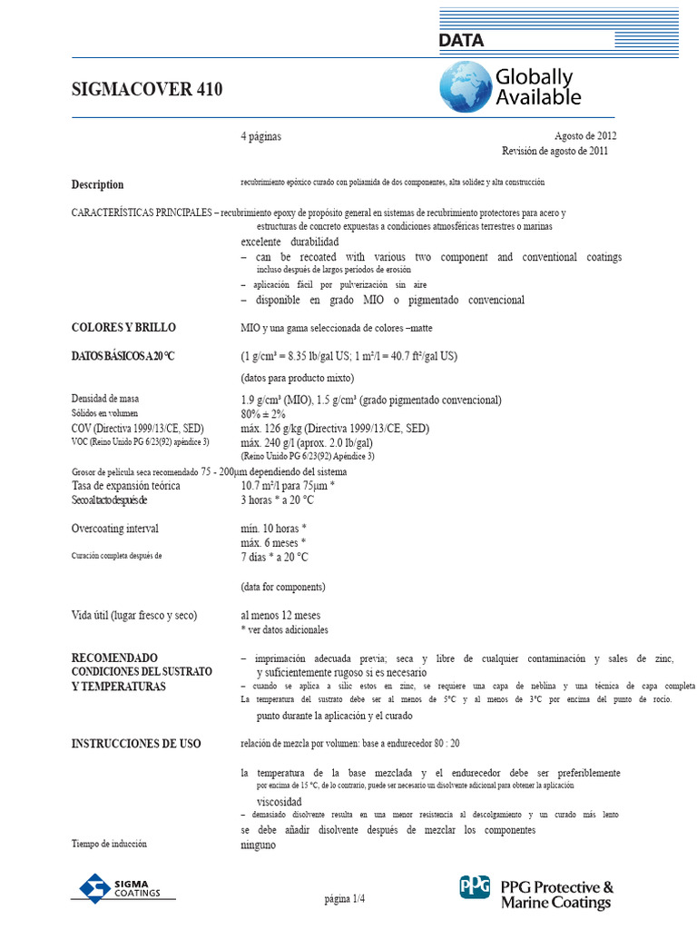SigmaCover 410: Recubrimiento Epóxico | PDF | Hormigón