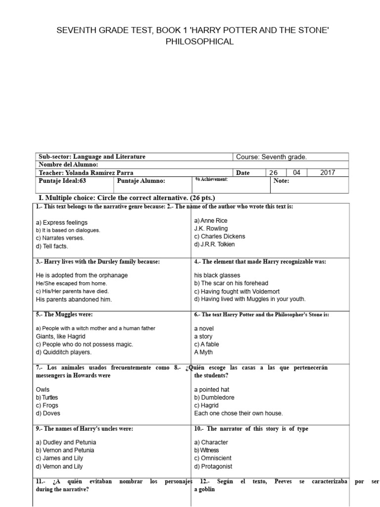 Seventh Grade Harry Potter Test | PDF | Harry Potter | J. K. Rowling