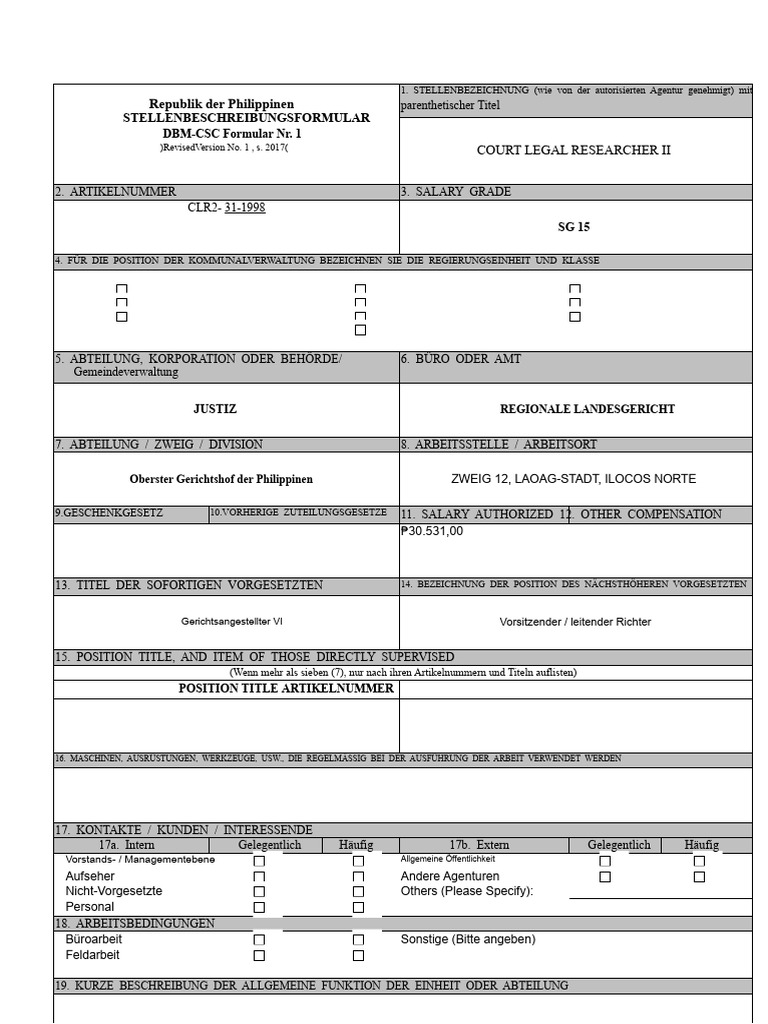 DBM-CSC Formular Nr. 1 Stellenbeschreibung Formulare | PDF