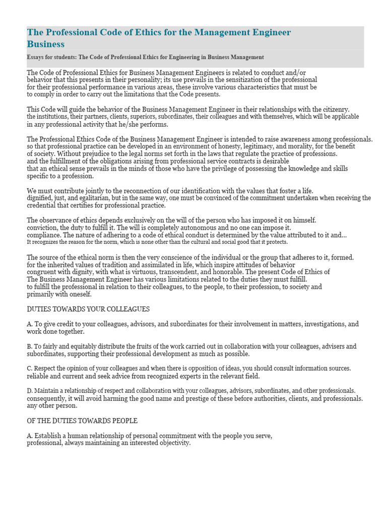 Business Management Engineer Ethics Code | PDF | Profession ...