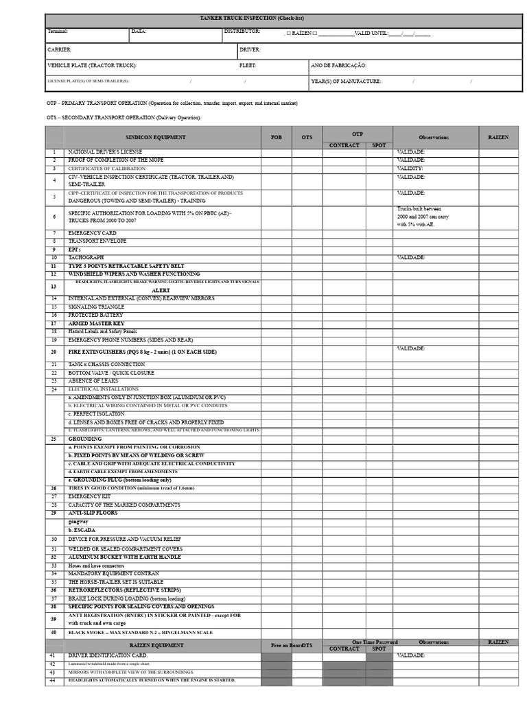 Tanker Truck Inspection Checklist | PDF | Electrical Connector | Truck