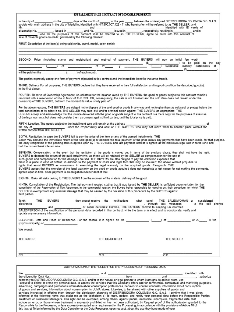 Installment Sale Contract For Movable Goods | PDF | Payments | Sales