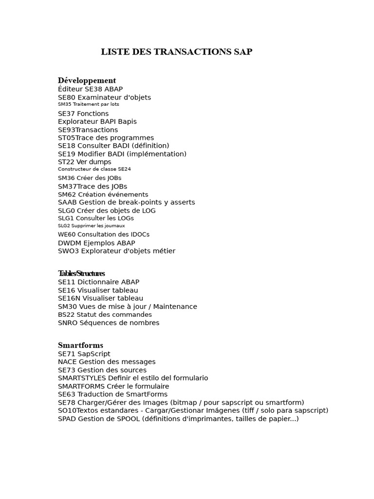 Liste complète des transactions SAP | PDF | Facture | Comptabilité