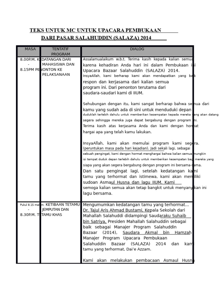 Teks Untuk Pembawa Acara Upacara Pembukaan Bazaar Salahuddin | PDF