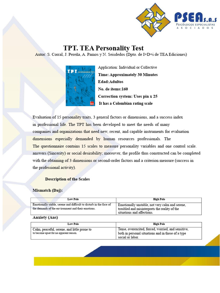 TPT: Comprehensive Personality Assessment | PDF | Psychology ...