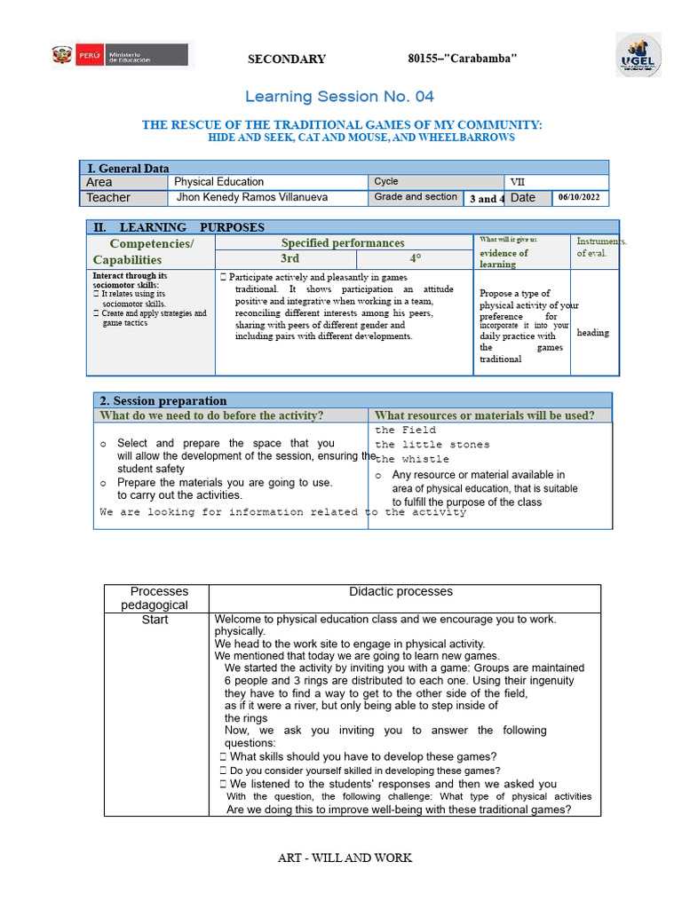 Physical Education Learning Session For 3rd and 4th Secondary Grade 4 | PDF