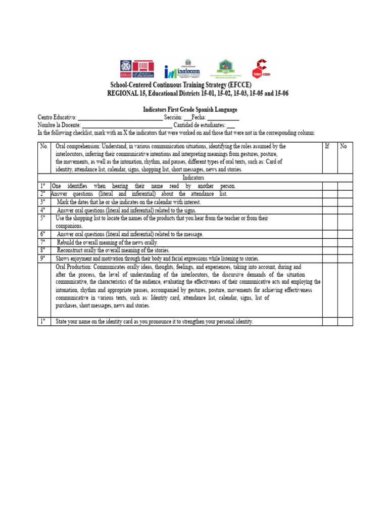 First Grade Spanish Language Training Checklist | PDF | Reading ...