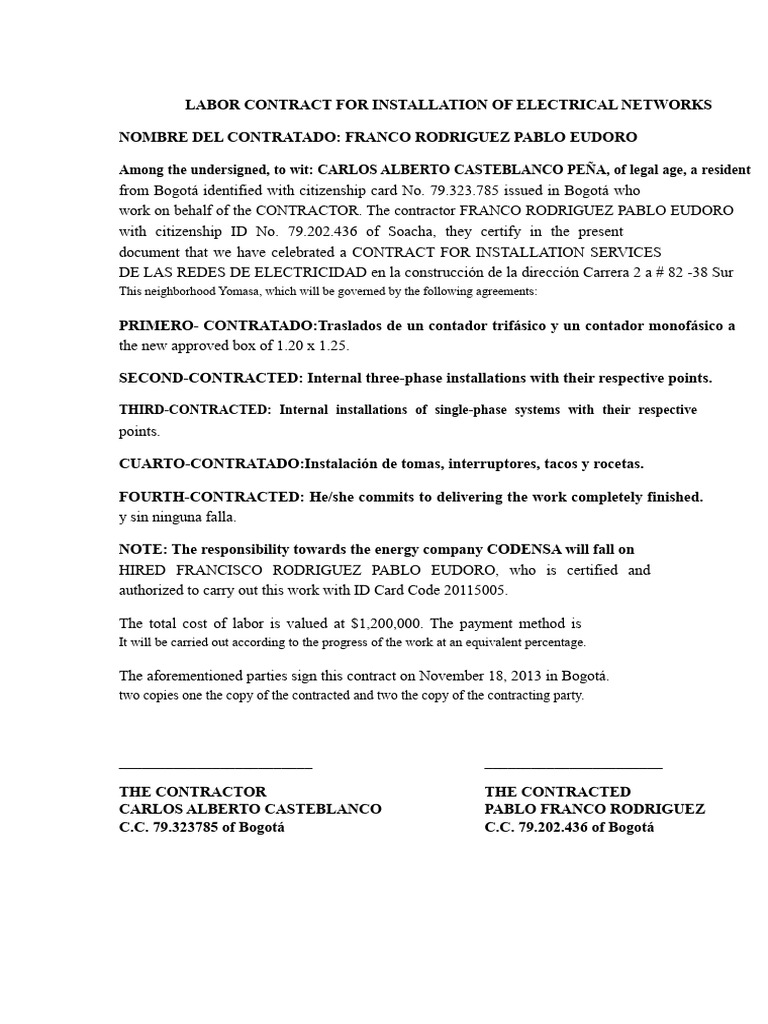 Labor Contract For The Installation of Electrical Networks | PDF