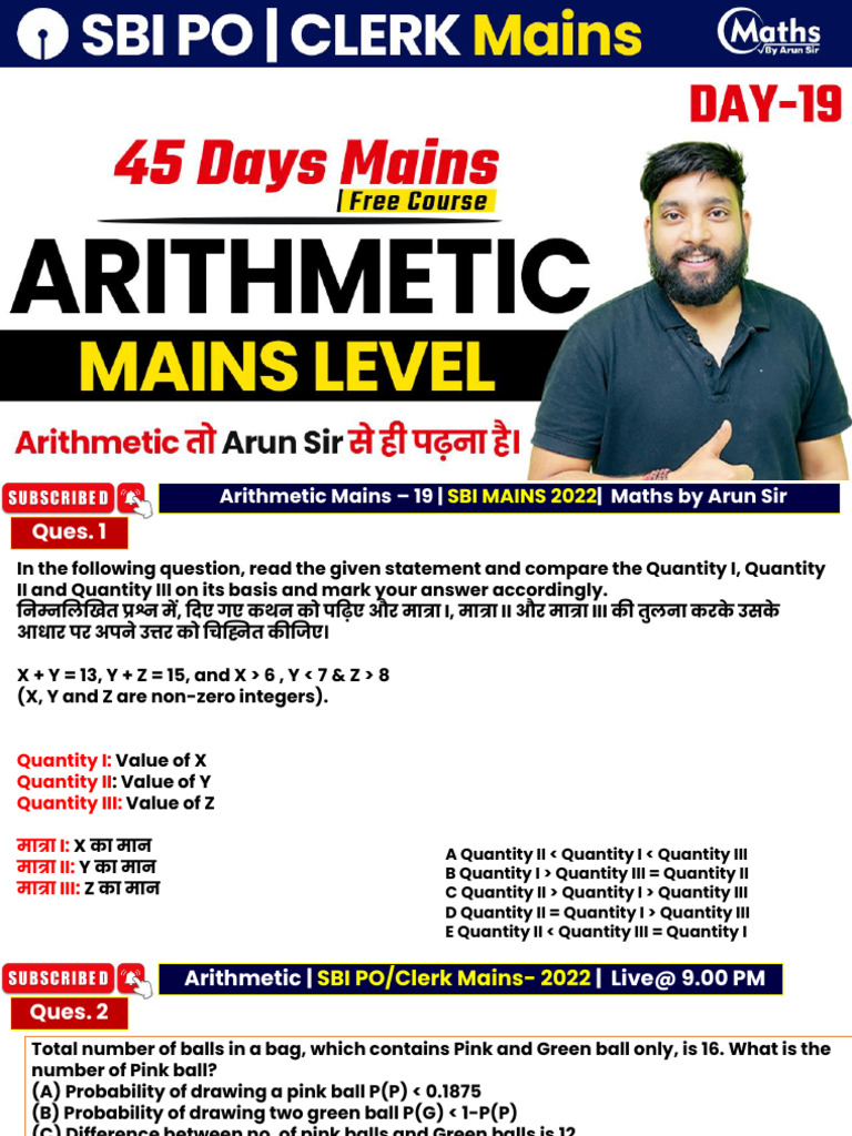 Sbi Po Clerk Mains Day 19 Mains Level Arithmetic by Arun Sir | PDF