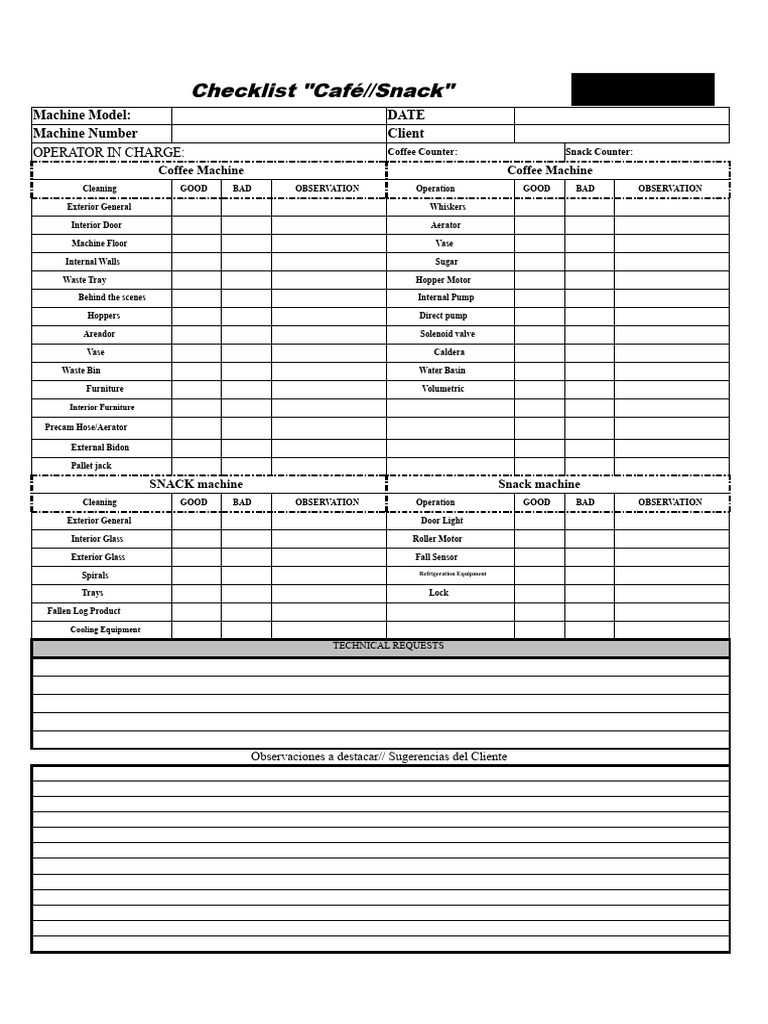 Café and Snack Machine Maintenance Checklist | PDF | Machines | Vehicles