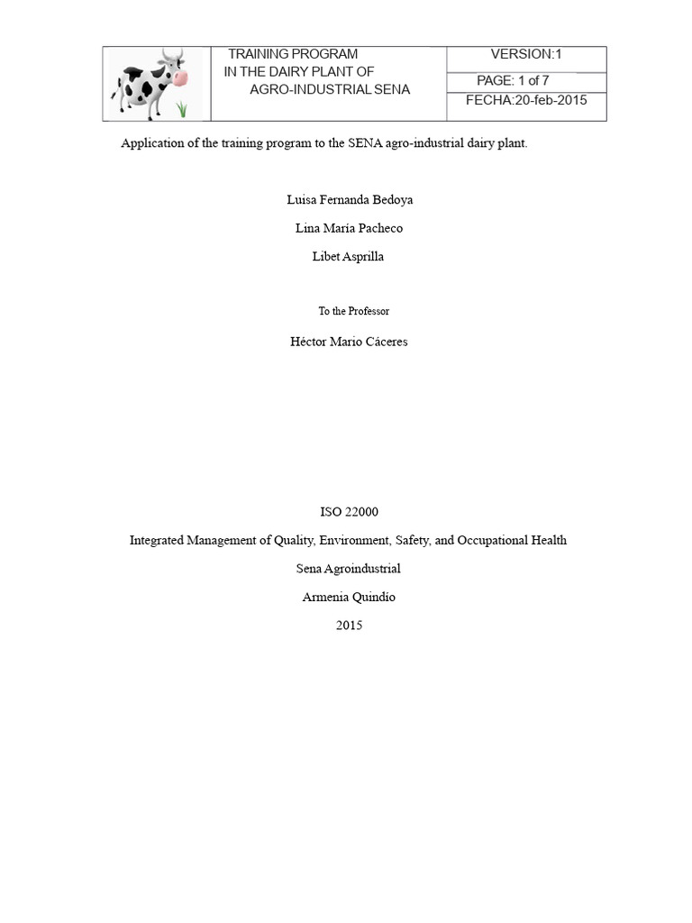 Training Program at The Dairy Plant of Sena Agroindustrial | PDF ...