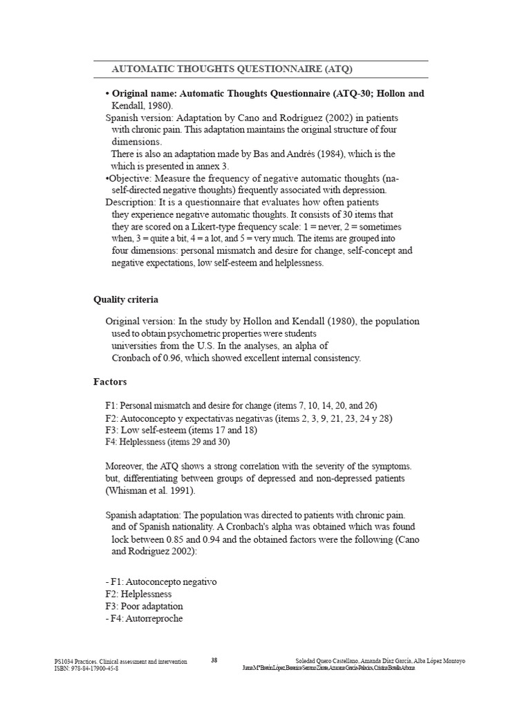 Automatic Thoughts Questionnaire Overview | PDF | Attitude (Psychology ...