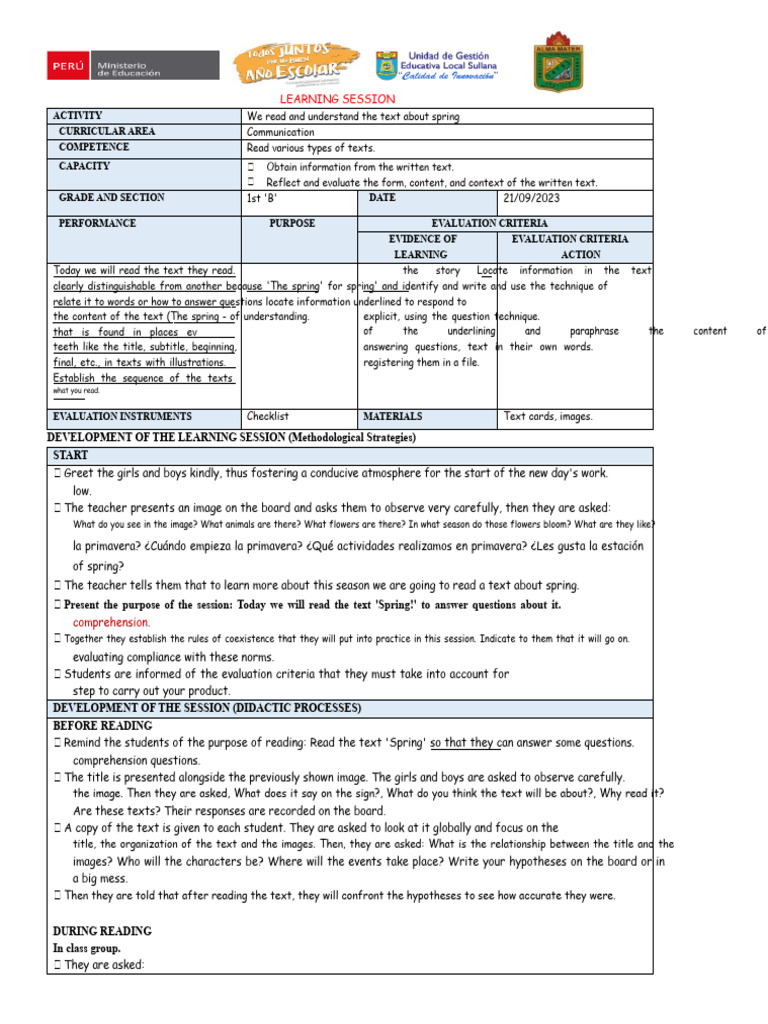 Spring Reading Comprehension Session | PDF | Evaluation | Learning