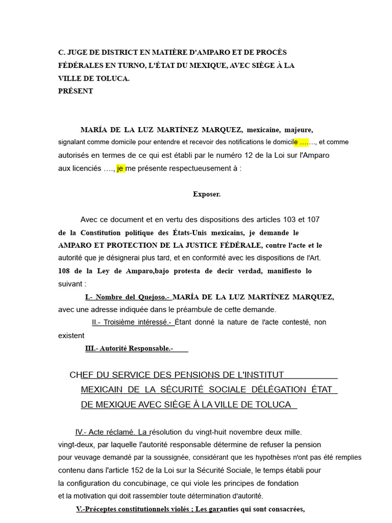 Amparo pour refus de pension de veuvage | PDF | Loi | Cour suprême des ...