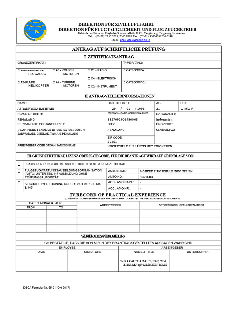 Überarbeitung Des DGCA-Formulars Nr. 65-01 Antrag Auf Schriftliche ...