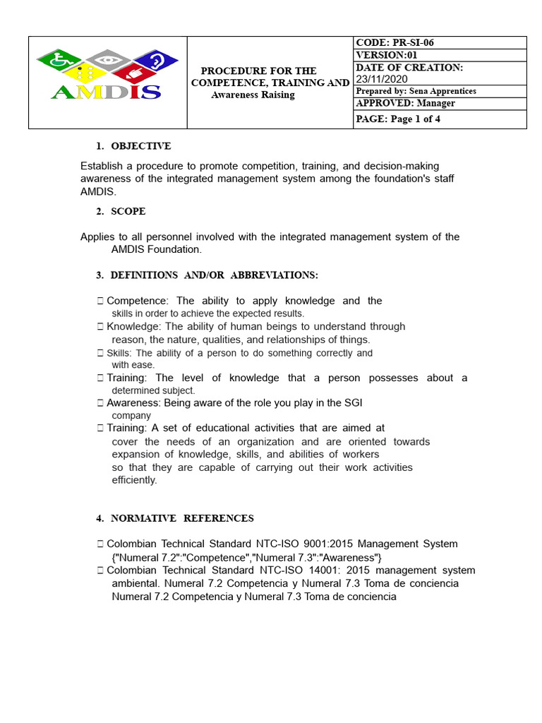 Competence, Training and Awareness Procedure Si-Pr-06 | PDF | Knowledge ...