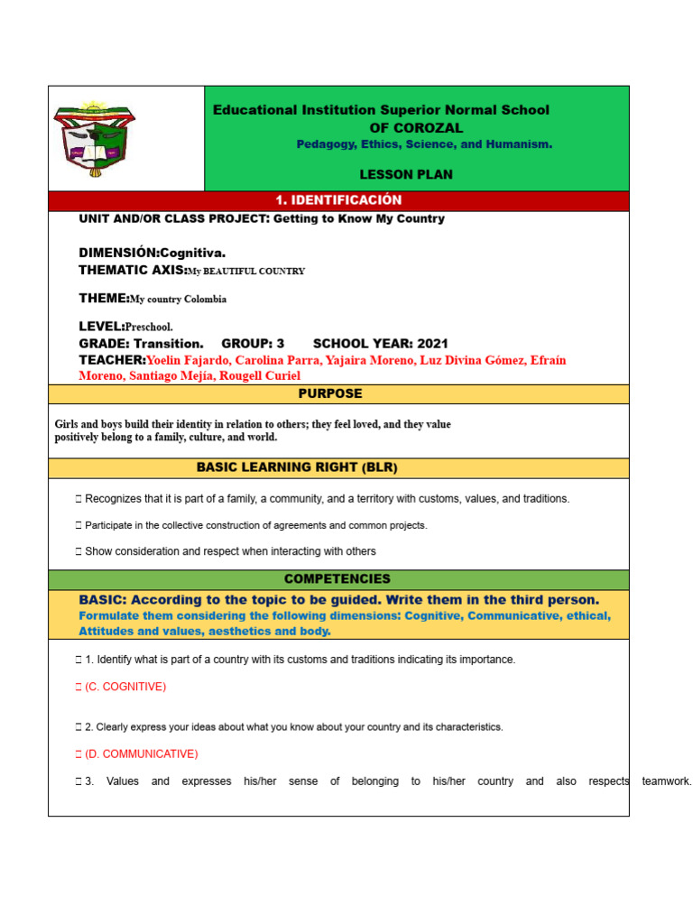 Preschool Lesson Plan: My Country Colombia | PDF | Colombia | Lesson Plan