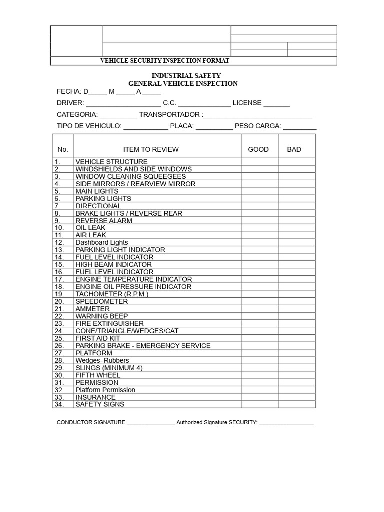 Vehicle Security Inspection Checklist | PDF